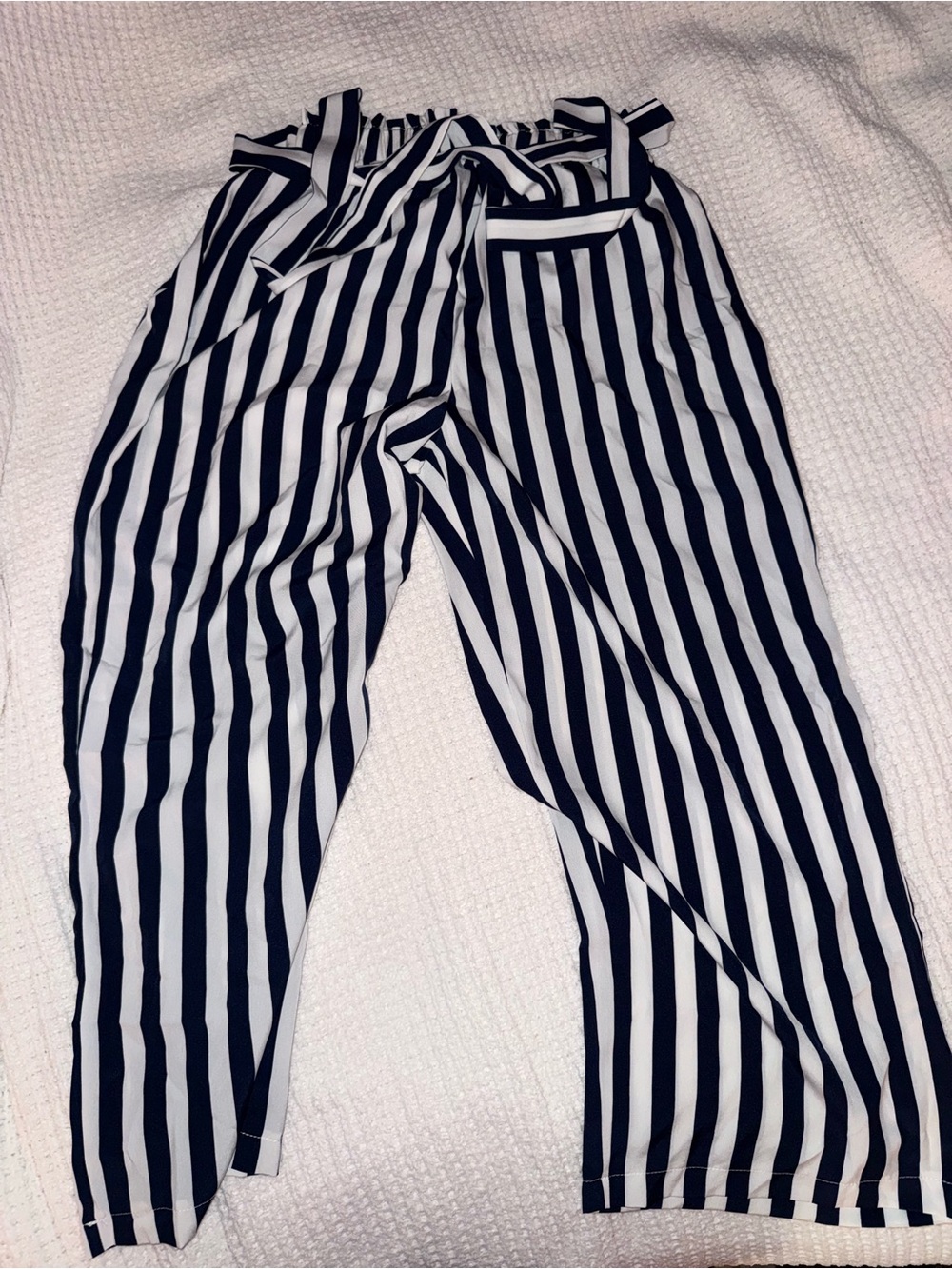 SHEIN Navy and White Vertical Stripe Paperbag Pants